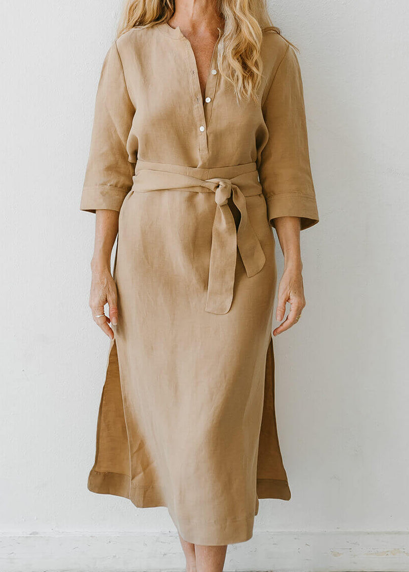 brown dress camel Mara | Cupro-Linen Tunic Dress Size:18-24 months US numeric Dusty Blue Bridesmaid Dresses the De La Vali YGroup_demipant